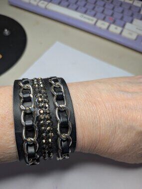 Black Faux Leather Snap Bracelet with Chains & Rhinestones